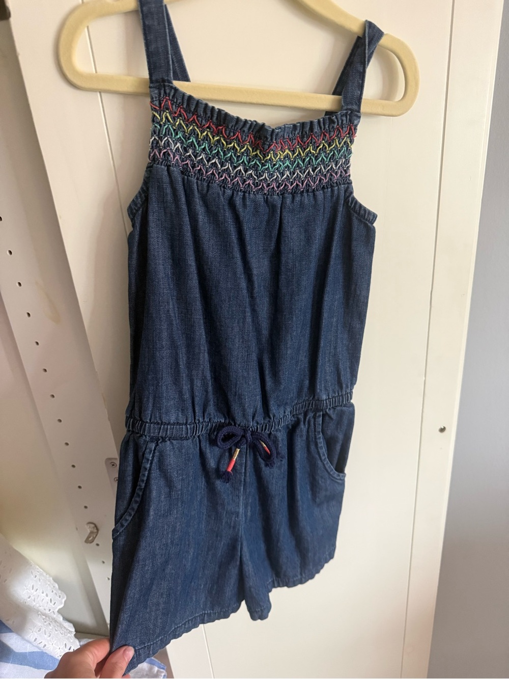 Cat & Jack Denim Smocked Romper with Rainbow Stitching - worn once